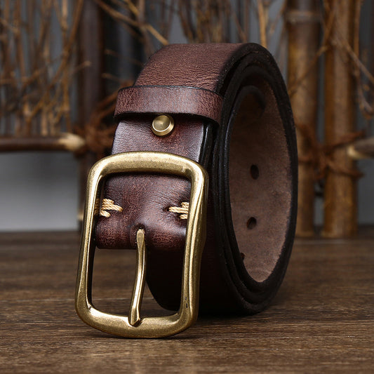 Vintage Cowhide Leather Belt - Distressed Brass Buckle