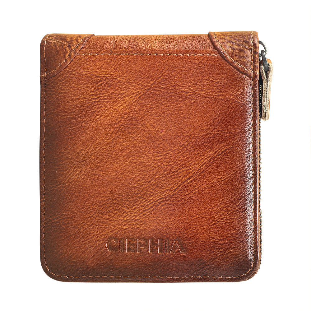 Men’s Short Leather Wallet – Anti-theft RFID Zipper Multifunctional