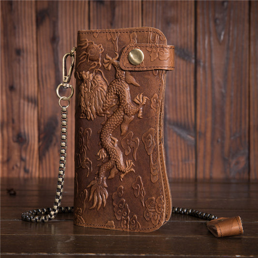 Vintage Dragon Grain Genuine Cowhide Men’s Long Wallet with Chain and 14 Card Holders