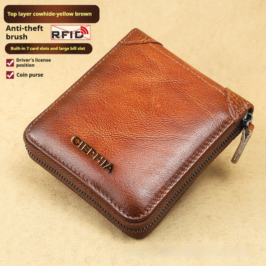 Men’s Short Leather Wallet – Anti-theft RFID Zipper Multifunctional