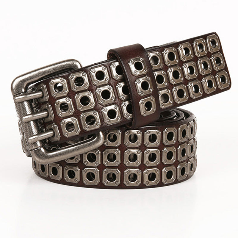 Men’s Hollow Rivet Leather Belt – Cowhide Pin Buckle