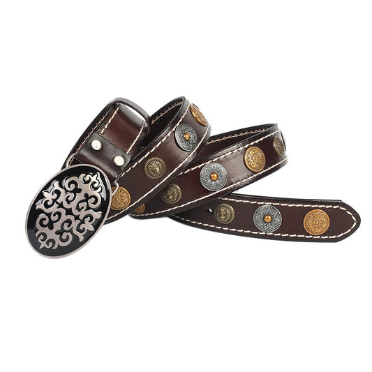Western Cowhide Leather Belt - Bold Oval Buckle Style