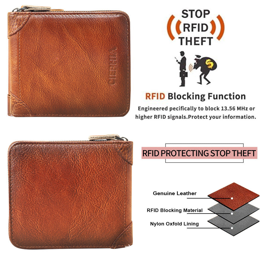 Men’s Short Leather Wallet – Anti-theft RFID Zipper Multifunctional
