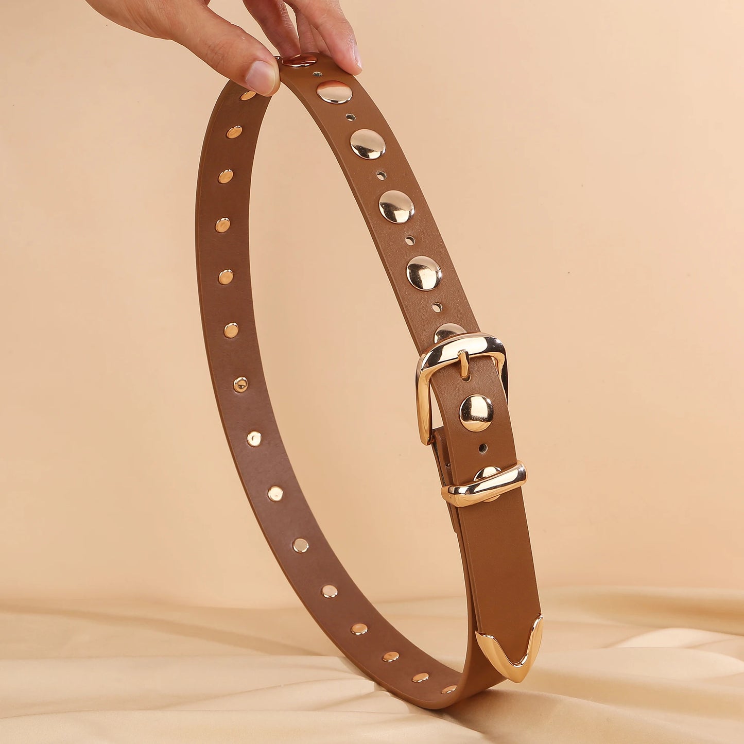 Women's Studded Punk Western Leather Belt – Adjustable Waist for Jeans & Dresses