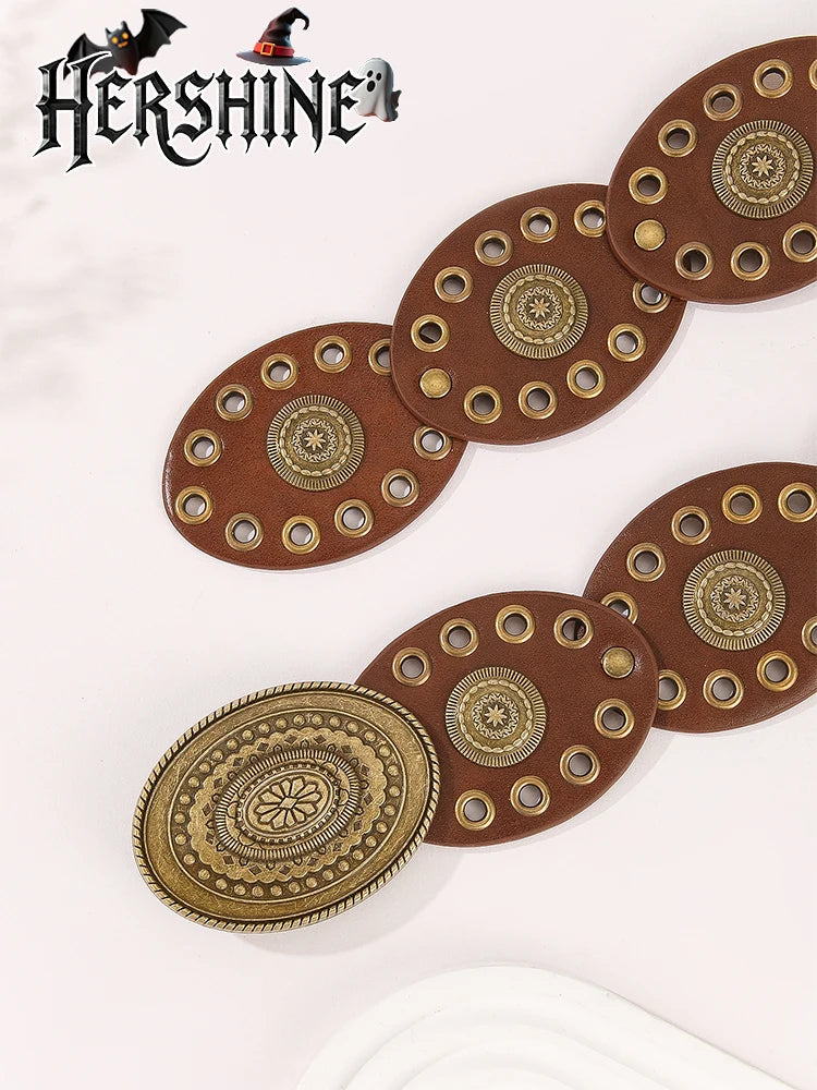 Women's Western Boho Wide Disc Belt - PU Leather Concho Cowgirl Waist Belt