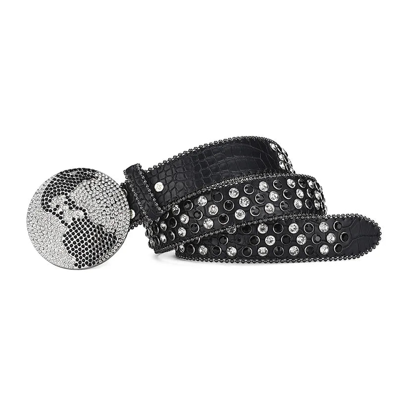 Unisex Western Rhinestone Belt – Dazzling Crystal Round Buckle | PU Leather