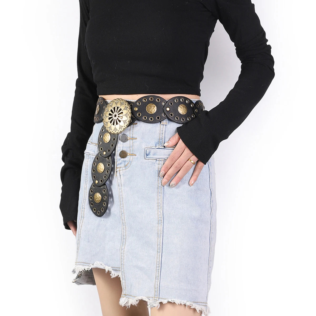Women's Retro Western Wide Belt – Round Hollow Metal Buckle, PU Leather
