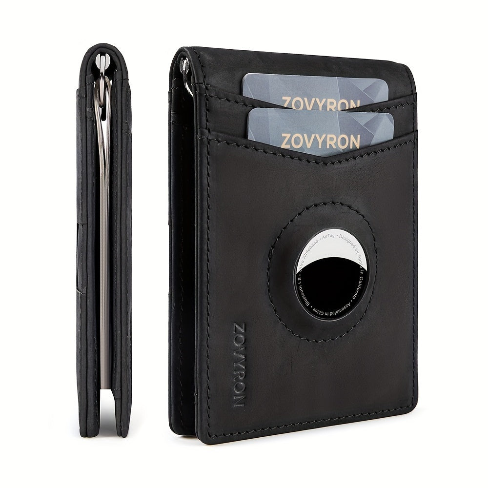Men’s Genuine Leather Slim Bifold Wallet with Airtag Holder, RFID Blocking, Front Pocket Wallet