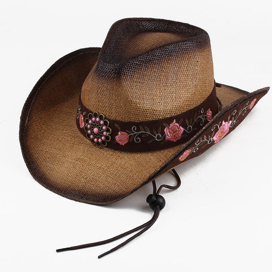Women's Pink Flower Straw Cowboy Hat - Western Wide-Brim, Adjustable