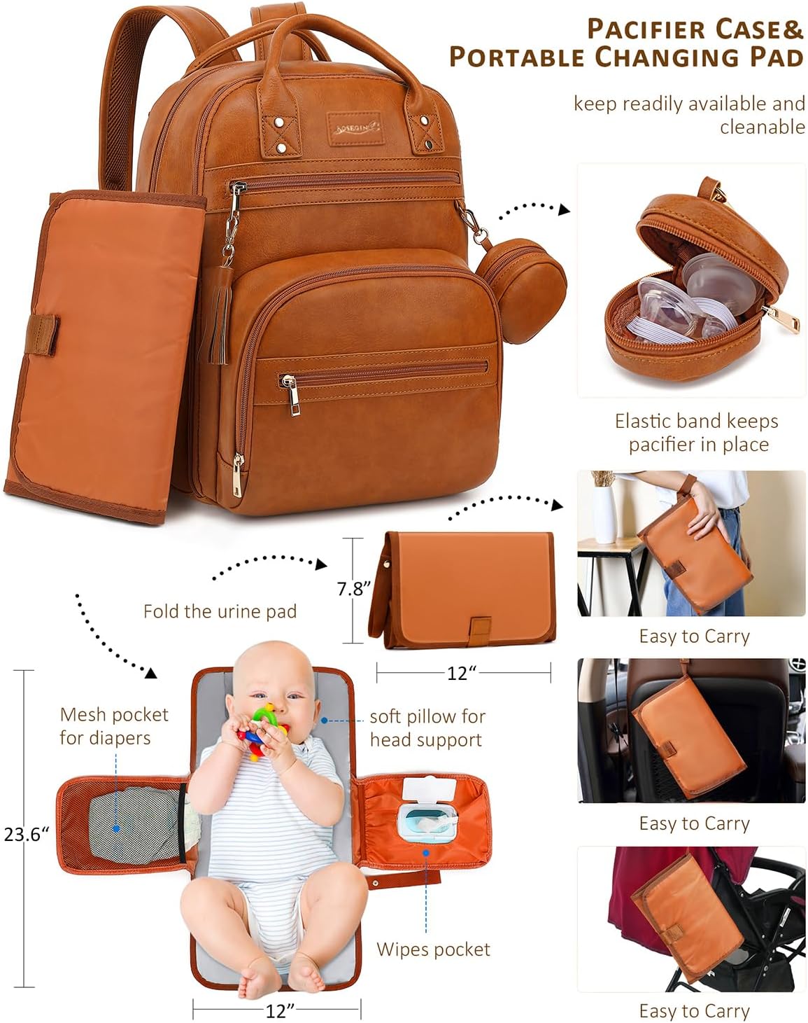 Brown Vegan Leather Backpack with 15.6 Inch Laptop Slot, Changing Pad and Stroller Straps