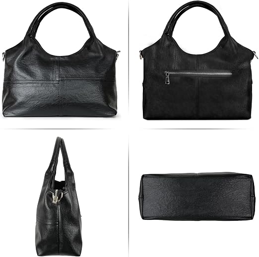 Women's Black Vegan Leather Tote Hobo Satchel with Detachable Strap