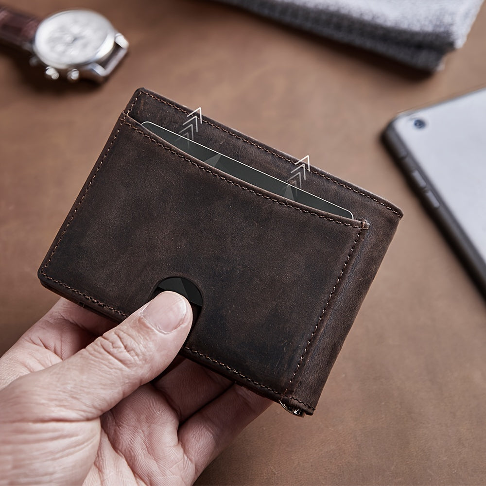 Men’s Genuine Leather Slim Bifold Wallet with Airtag Holder, RFID Blocking, Front Pocket Wallet