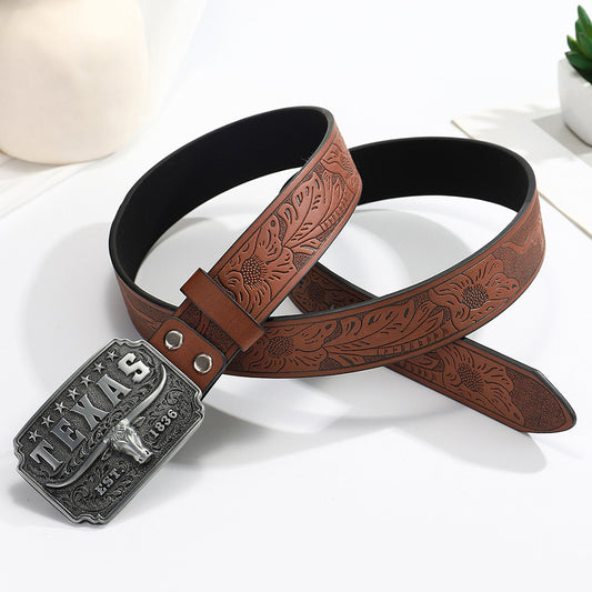 Western PU Leather Belt - Bold Cow Head Buckle
