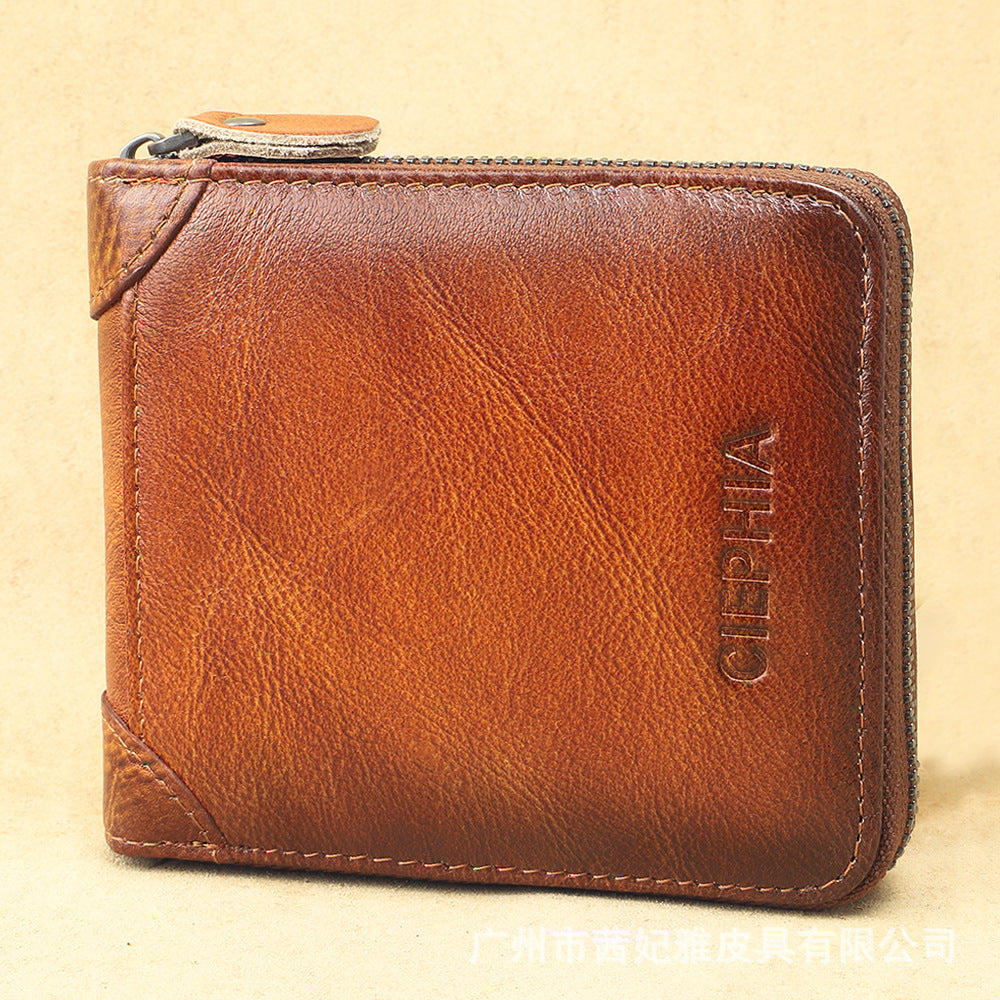Men’s Short Leather Wallet – Anti-theft RFID Zipper Multifunctional