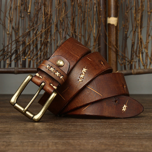 Vintage Washed Cowhide Jeans Belt - Rugged Everyday Fit