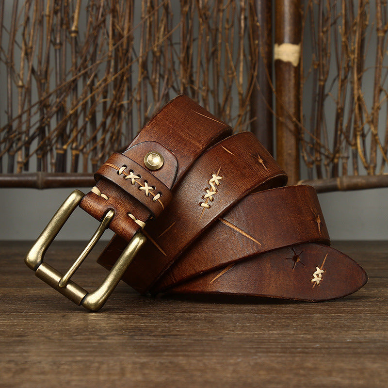 Washed-Out Vintage Cow Leather Pin Buckle Jeans Belt