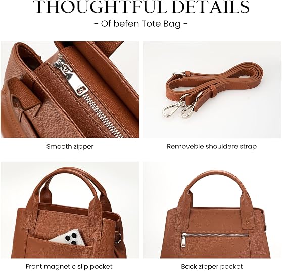 Women's Cognac Brown Genuine Pebble Leather Satchel Tote with Crossbody Strap