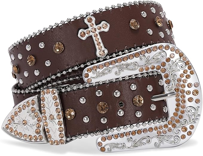 Unisex Rhinestone Crown & Cross Studded Belt