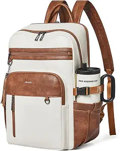 Women's Beige and Brown Faux Leather Laptop Backpack with 17 Inch Laptop Compartment