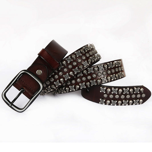 Punk Street Cowhide Leather Belt - Skull Rivet Biker Edge