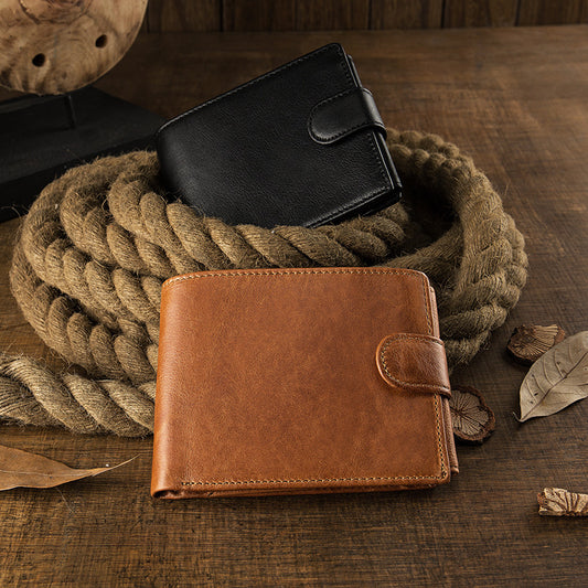 Multifunctional Men’s Short Cowhide Leather Wallet with Coin Pocket and Multiple Note Slots