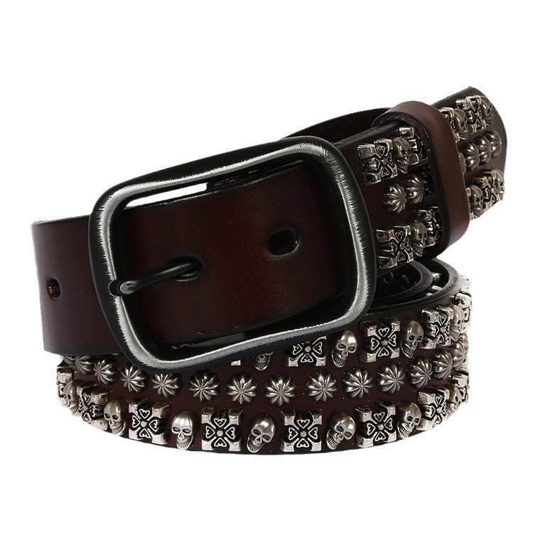 Punk Skull Rivet Cowhide Belt for Men