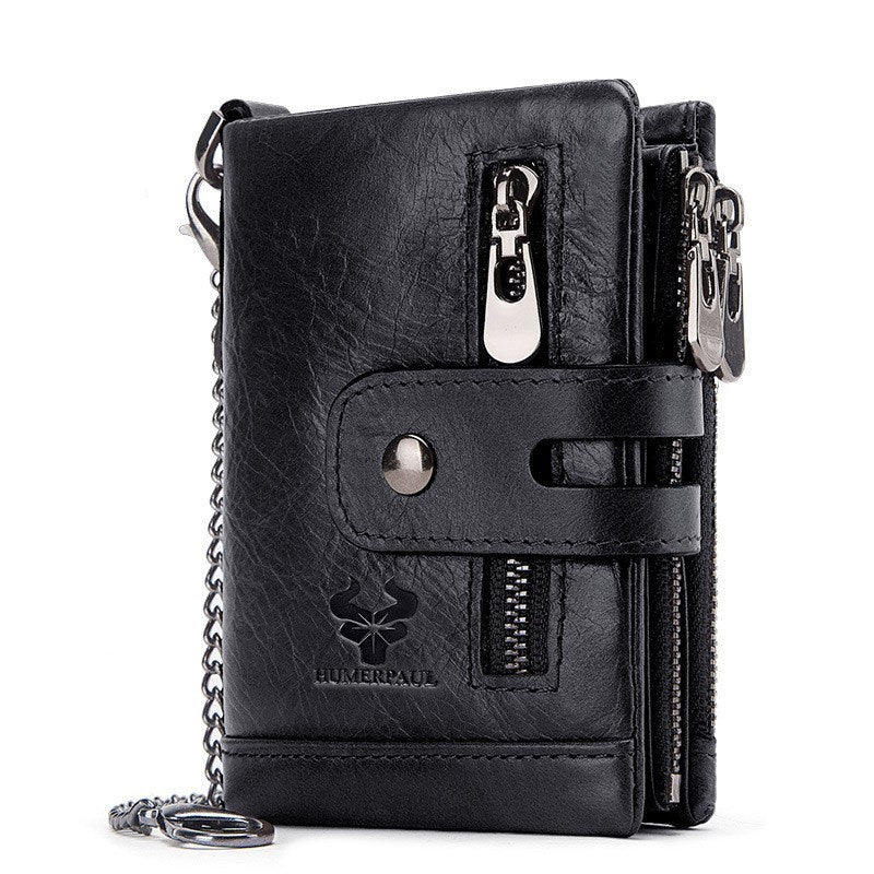Men’s Bifold Genuine Leather Wallet with Double Zipper, RFID Blocking, Card Holder & Coin Pocket