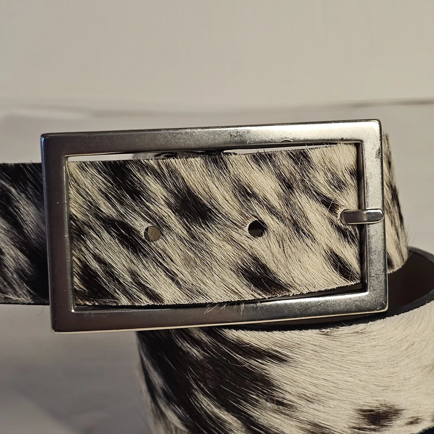Black & White Hair-On Hide Leather Belt - Gunmetal Buckle