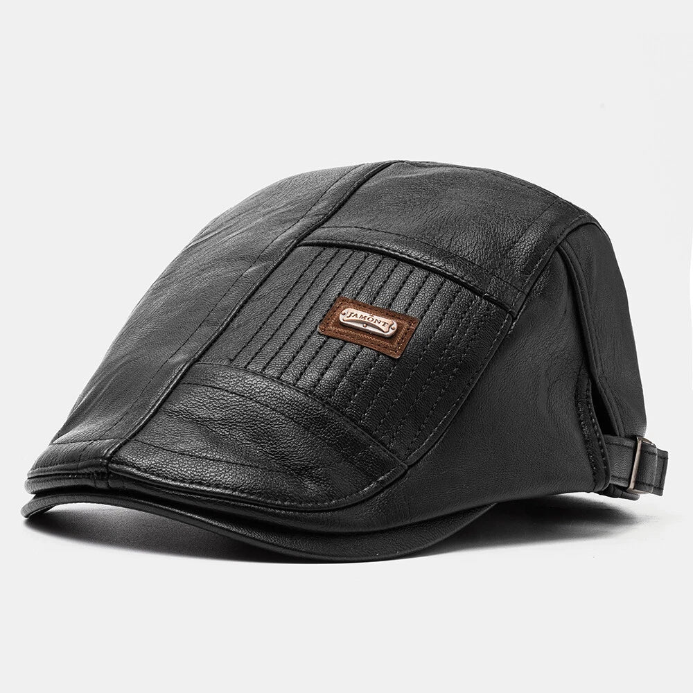 Adjustable Leather Beret Flat Cap - Ivy Newsboy Style