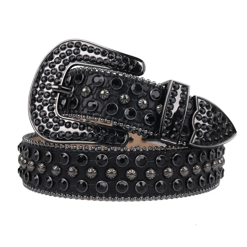 All-Black Rhinestone Star Studded Western Belt - Genuine Leather