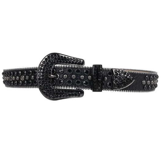 Western Genuine Leather Belt - Black Rhinestone Star Style