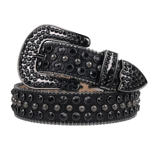 Western Genuine Leather Belt - Black Rhinestone Star Style
