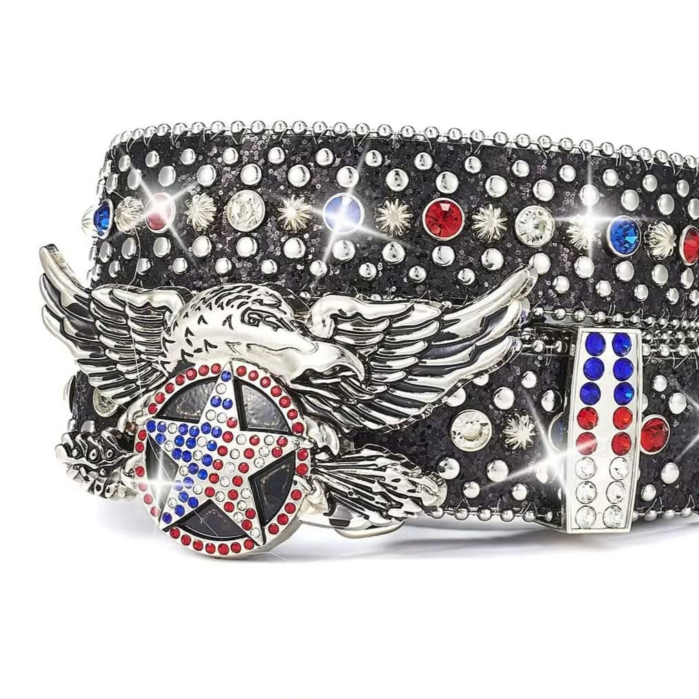 American Eagle Star Rhinestone Black Belt - Patriotic Red, White & Blue