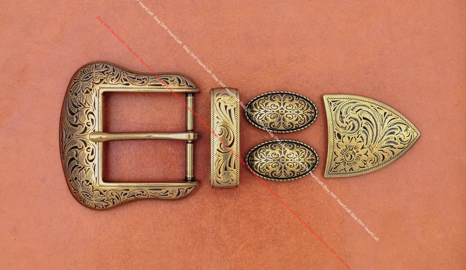 Antique Brass Western Cowboy Floral Belt Buckle 5-Piece Set for 1.5" Belts