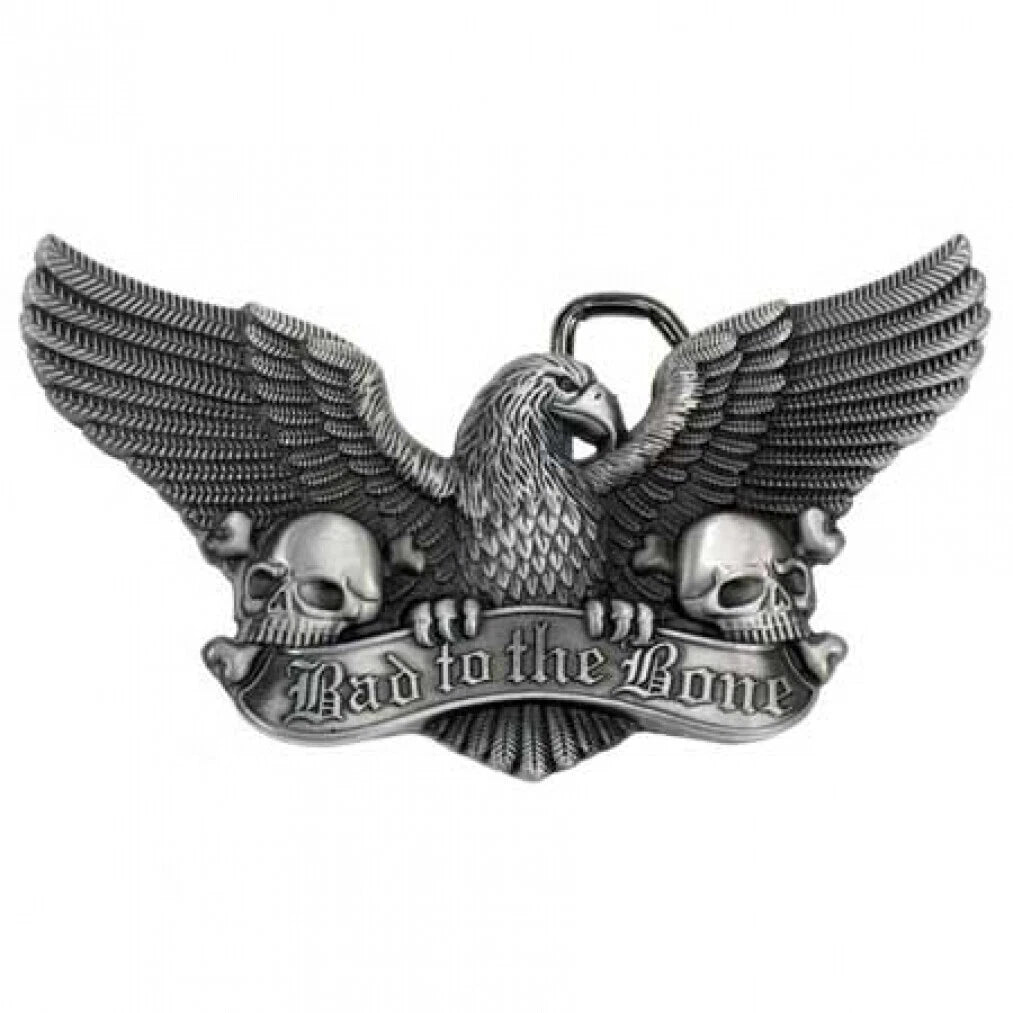 Bad to the Bone Eagle & Skulls Biker Buckle - Antique Silver