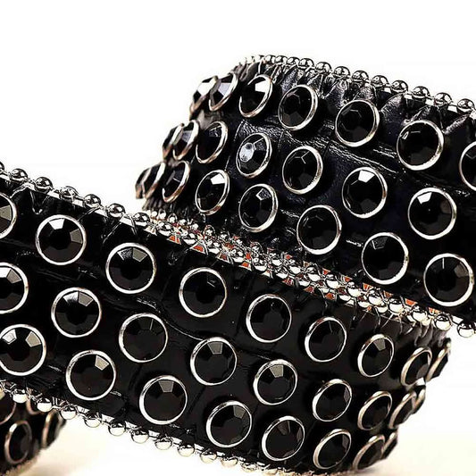 Black Rhinestone Leather Belt - Prong-Set Shine