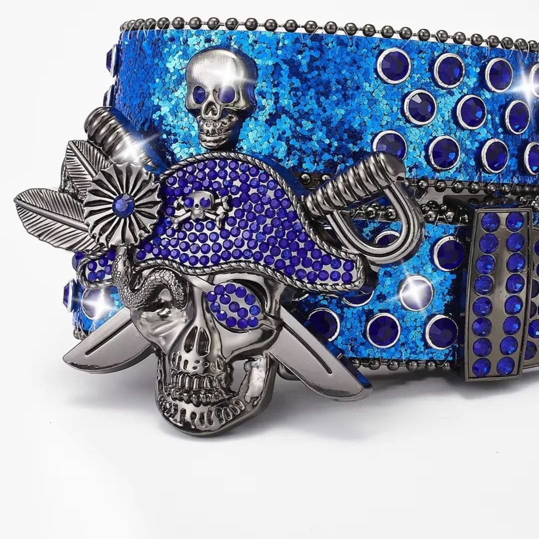 Blue Pirate Skull Rhinestone Belt - Crystal Studded Buckle & Strap