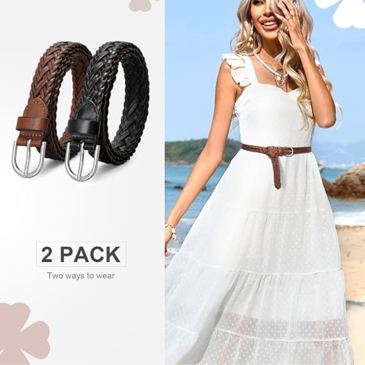 Women's Skinny Braided Leather Belt 2-Pack - No Holes