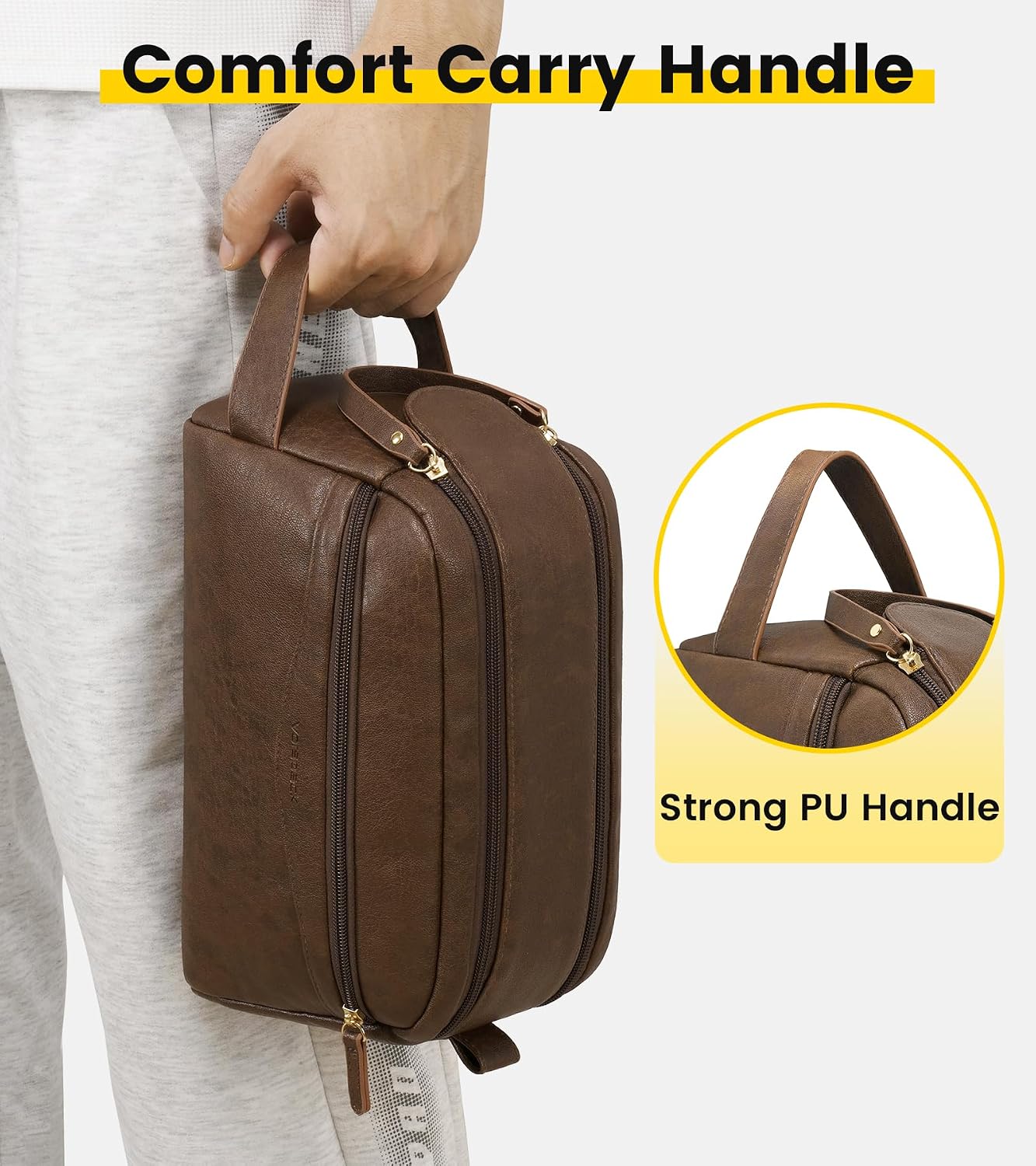 Dark Brown Leather Toiletry Bag with Wide Boxy Opening