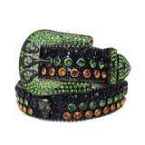 Edgy Green & Orange Rhinestone Belt with Black Glitter & Skull Buckles