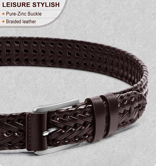 Genuine Leather Braided Belt with Holeless Fit for Men & Women
