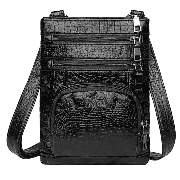 Black Leather-Style Crossbody Phone Bag with 4 Zip Pockets