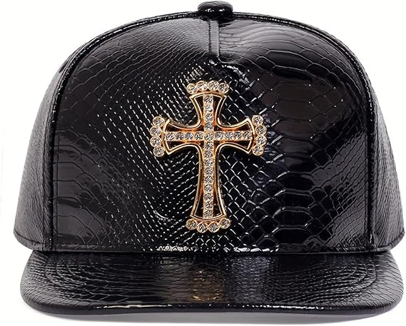 Leather Snapback Hat with Cross Emblem - Hip Hop Style