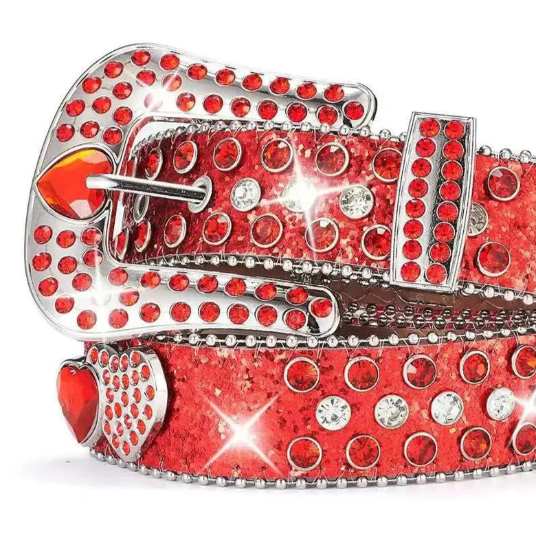 Luxury Red Rhinestone Western Belt – Heart Buckle & Glitter Strap
