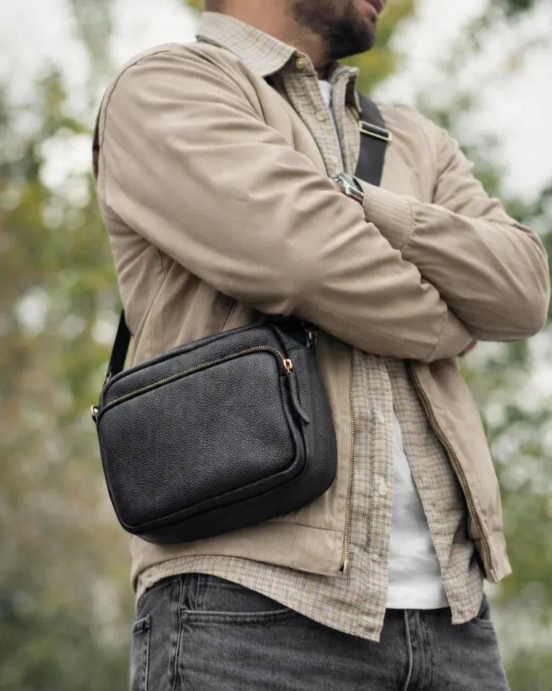 Men's Personalized Black Leather Messenger Bag