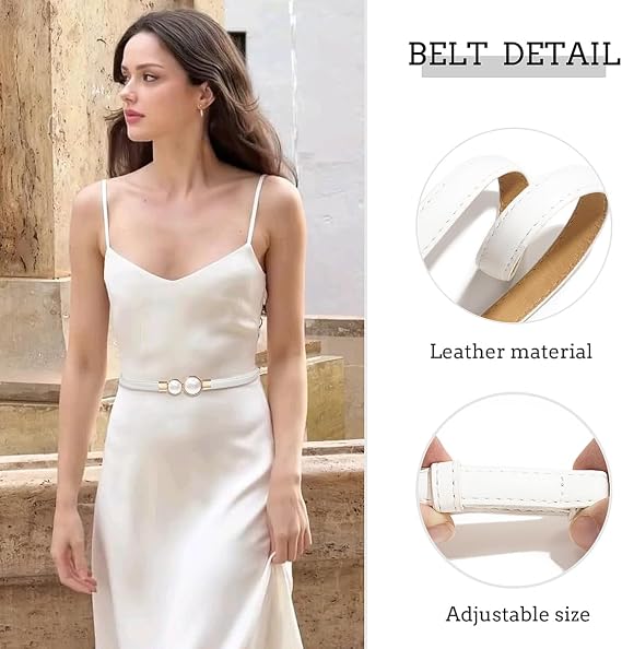 Pearl Buckle Skinny Leather Belt - Elegant Gold Design