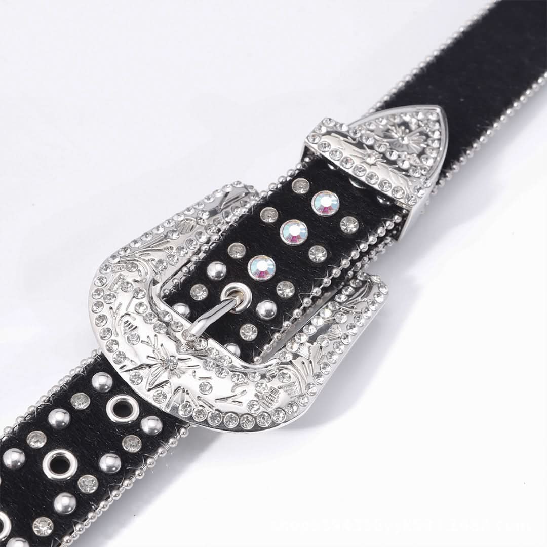 Pink Cross Engraved Buckle Black Rhinestone Belt – White Studded