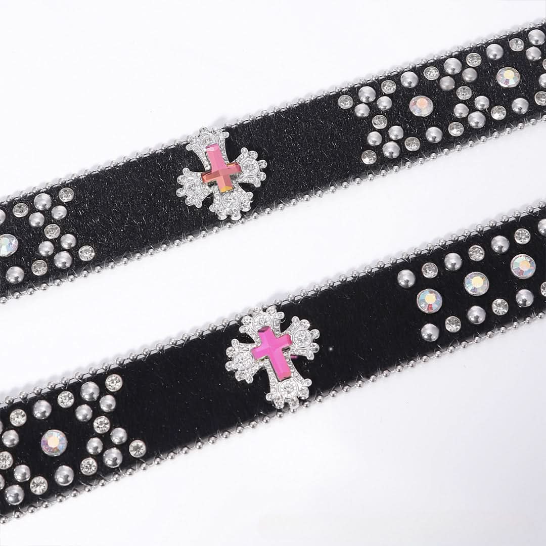 Pink Cross Engraved Buckle Black Rhinestone Belt – White Studded
