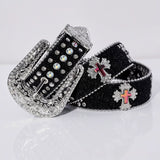 Pink Cross Engraved Buckle Black Rhinestone Belt – White Studded