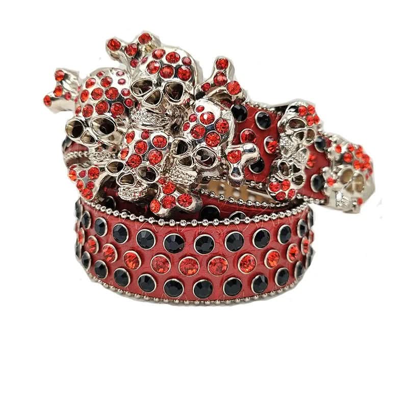 Red & Black Skull Rhinestone Belt | Gothic Glam Crystal Studded Waist